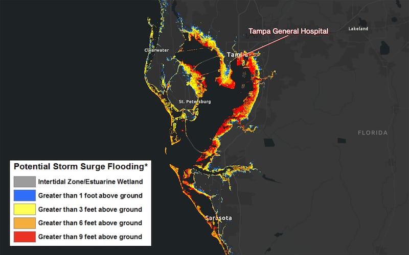 The potential storm surge flooding projections for Tampa Bay as of Tuesday morning.