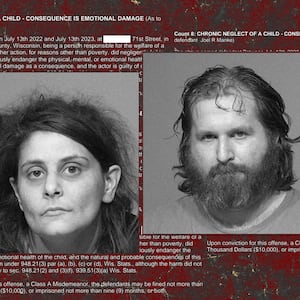 A photo of the mugshots of Katie Koch and Joel Manke superimposed over the court documents charging them for allegedly imprisoning two children in Wisconsin. 