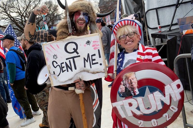 Trump supporter and QAnon follower Jake "The Q Shaman" Angeli attends to the "Stop the Steal" rally on December 12, 2020.