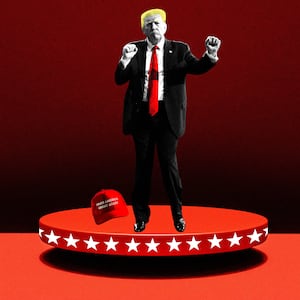 An illustration including Former US President Donald Trump, a floating Podium, Stars, and a Make America Great Again cap