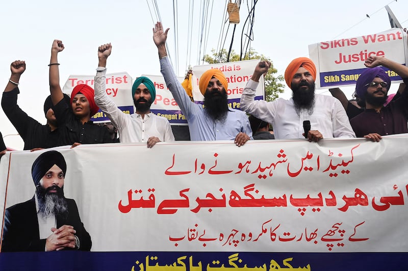 Members of Pakistan's Sikh community take part in a protest in Lahore on Sept. 20, 2023.