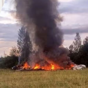 Yevgeny Prigozhin and the site of a plane crash in Russia.