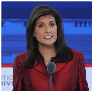 Side-by-side photos of Nikki Haley and Vivek Ramaswamy at the second GOP debate.