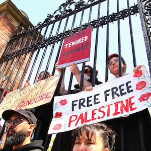 Harvard faculty and staff hold signs from inside Harvard Yard during a press conference by faculty supporters of the Harvard Out of Palestine coalition outside Harvard Yard.