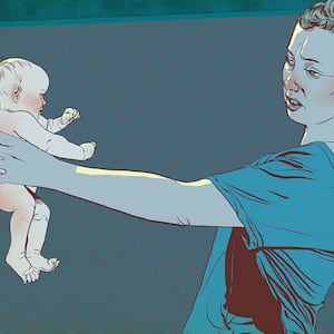 illustration of mom holding child at arm's length in blue and maroon postpartum depression zulresso fda approved expensive drug anxiety