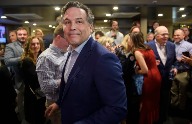 Pennsylvania Republican Senate candidate Dave McCormick greets supporters at the Indigo Hotel.