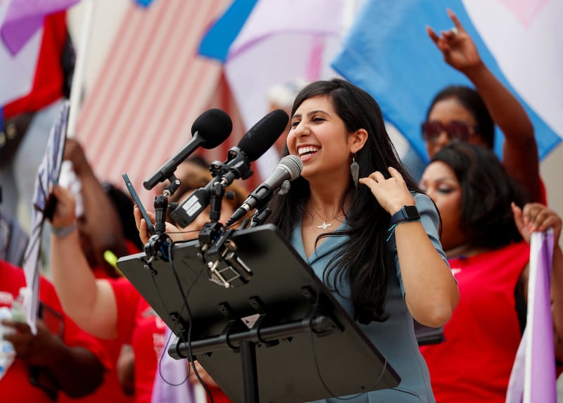 Florida State House Representative Anna Eskamani (D) speaks as supporters of the drag community protest against Florida's 'Protection of Children' bill which would ban children at live adult performances.