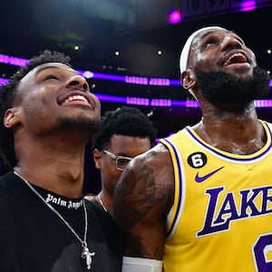 Los Angeles Lakers forward LeBron James pictured with his son Bronny James.