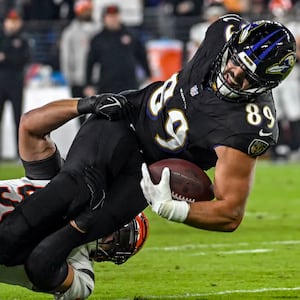 Baltimore Ravens tight end Mark Andrews is injured with a fractured tibia after being tackled by Cincinnati Bengals linebacker Logan Wilson.