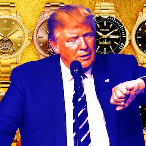 A photo illustration of Donald Trump and Trump Watches.