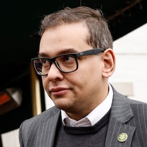 Rep. George Santos (R-NY) leaves a GOP caucus meeting on Capitol Hill on Jan. 25, 2023, in Washington, D.C.