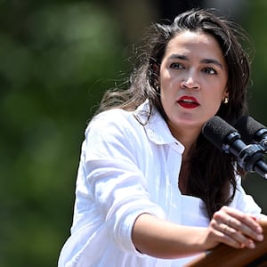 Alexandria Ocasio-Cortez speaks at a rally endorsing Jamaal Bowman at St. Mary's Park in the Bronx on June 22, 2024 in New York City. 