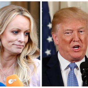 A combination photo shows Adult film actress Stephanie Clifford, also known as Stormy Daniels speaking in New York City, and U.S. President Donald Trump.