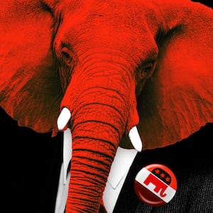 An illustration including a GOP elephant in a suit with a Republican pin 