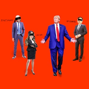 A photo illustration of Donald Trump surrounded by blindfolded potential VP picks