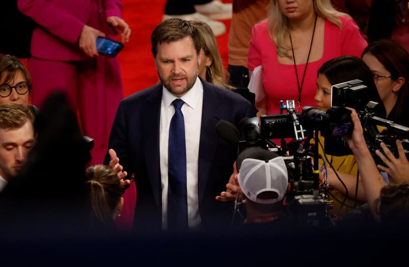 Sen. J.D. Vance (R-OH) speaks to reporters in the spin room following the CNN Presidential Debate last month.