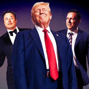  A photo illustration of Elon Musk, Donald Trump, and Peter Thiel.