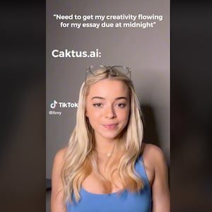 Olivia Dunne in a TikTok with the on-screen words, “need to get my creativity flowing for my essay due at midnight.”