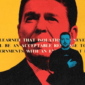 A photo illustration featuring Ronald Reagan and Ukrainian President Volodymyr Zelenskiy