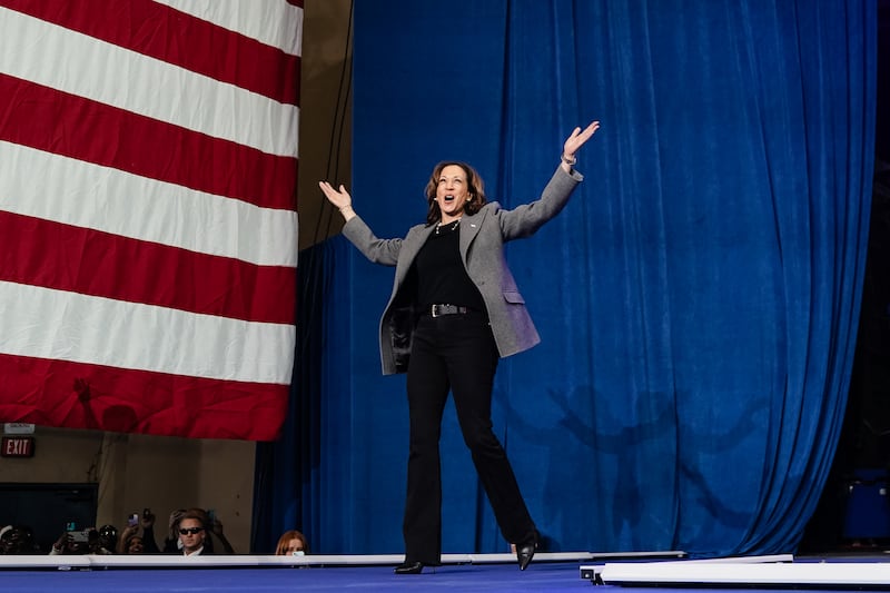 Kamala Harris onstage in a more relaxed look