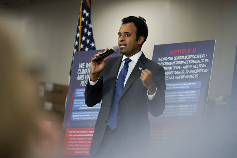 Presidential candidate Vivek Ramaswamy speaks at a campaign stop in Ohio.