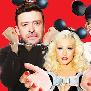 A photo illustration of Christina Aguilera, Ryan Gosling and Justin Timberlake wearing Mickey Mouse ears and in handcuffs