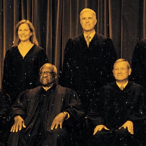 A photo illustration of a group portrait of Supreme Court Justices Amy Coney Barrett, Neil Gorsuch, Brett Kavanaugh, Ketanji Brown Jackson, Justice Sonia Sotomayor, Clarence Thomas, Chief Justice John Roberts, Samuel Alito, Elena Kagan