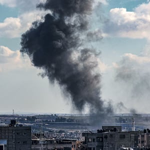 Smoke rising from an Israeli bombardment in Rafah on February 9, 2024.