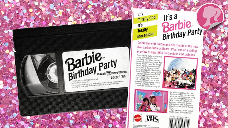 An illustration including photos of the VHS Tape Barbie's Birthday Party in Disney World. 