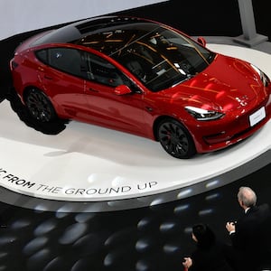 Tesla Model 3 electric car is displayed during the Tesla launch in Bangkok on December 7, 2022.