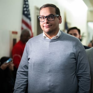 Rep. George Santos, R-N.Y., is seen outside a House Republican Conference speaker election meeting