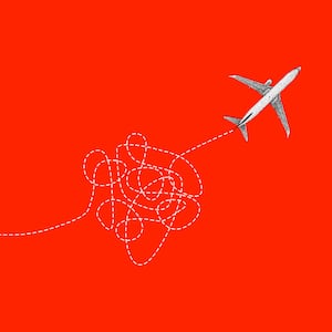 Photo illustration of an airplane with a dotted line jumbled behind it on a red background