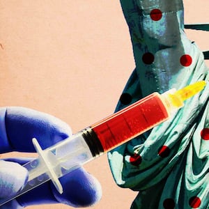 image of a blue gloved hand holding a shot vaccine carrying mmr on left and statue of liberty with red polka dots with pale millennial pink background