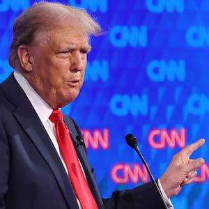 Donald Trump points while speaking during Thursday’s debate.