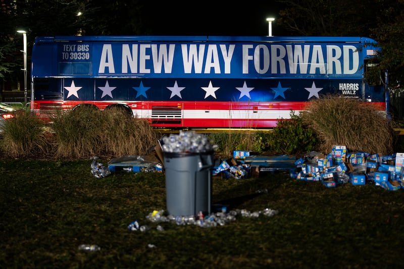 Chairs and trash sit in an empty field after the election night watch party for Democratic presidential nominee, U.S. Vice President Kamala Harris at Howard University on November 06, 2024 in Washington, DC.