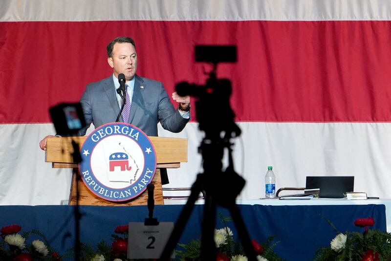 Georgia's Lieutenant Governor Burt Jones speaks at the Georgia Republican Party convention in Columbus, Georgia