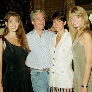 Deborah Blohm, Jeffrey Epstein, Ghislaine Maxwell and Gwendolyn Beck at a party at the Mar-a-Lago club, Palm Beach, Florida, 1995