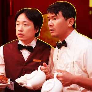 A photo illustration of Jimmy Yang and Ronny Chieng on Interior Chinatown.