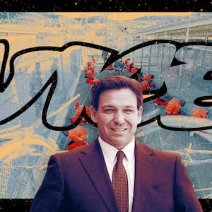 A photo illustration of Florida Governor Ron DeSantis over a background image of Guantanamo Bay prisoners and Vice logo.