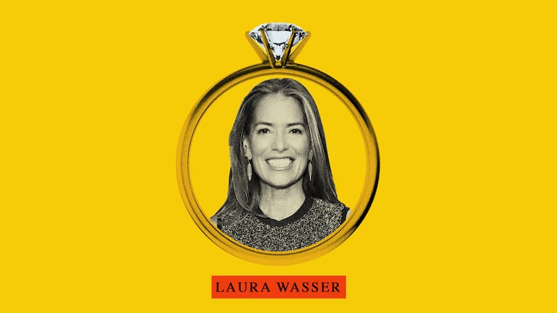 Photo illustration of lawyer Laura Wasser collaged into an engagement ring