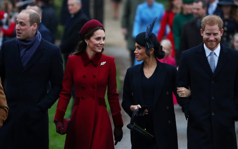 Prince William, Duke of Cambridge and Catherine, Duchess of Cambridge along with Prince Harry, Duke of Sussex and Meghan, Duchess of Sussex arrive at St Mary Magdalene's church on the Sandringham estate in eastern England, Britain, December 25, 2018.