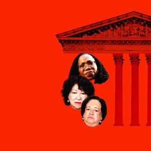 Photo illustration of the Supreme Court building with Sonja Sotomayor, Elena Kagan, and Ketanji Brown Jackson