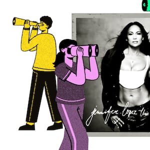 A photo illustration of Jennifer Lopez's new album cover with cartoon figures searching and looking through binoculars. 