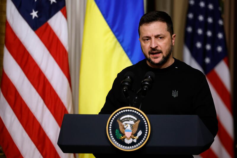 Ukrainian President Volodymyr Zelensky speaks during a news conference with and U.S. President Joe Biden in the Indian Treaty Room of the Eisenhower Executive Office Building