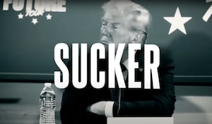 Donald Trump with overlay of the word "SUCKER'