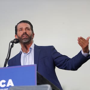 Donald Trump Jr. speaks to his father's supporters during the Save America rally at the Sarasota Fairgrounds in Sarasota, Florida, on July 3, 2021