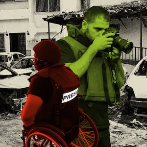 Photo illustration of Momen Fayez Qreqe and Ali Jadallah working as journalists in Gaza