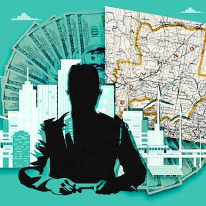 An illustration of a businessman silhouette, futuristic skyline, money, and map of Solano County, California.