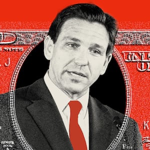 Photo illustration of Governor Ron DeSantis (R-FL) on a red background with an overlay of the $100 bill