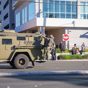 A SWAT vehicle arrives at the UNLV campus after a shooting on Dec. 6, 2023, in Las Vegas, Nevada.